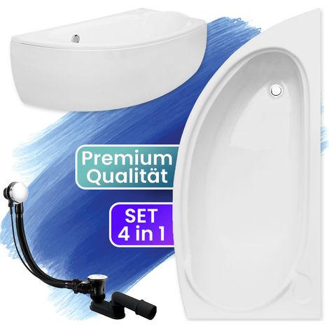Badewanne Eckbadewanne 150x70 Rechts mit AcrylSchürze, Ablaufgarnitur & Füßen GRATIS - Komplettset 4in1 Original Acryl Wanne Siphon - BADLAND MINI (1/5)