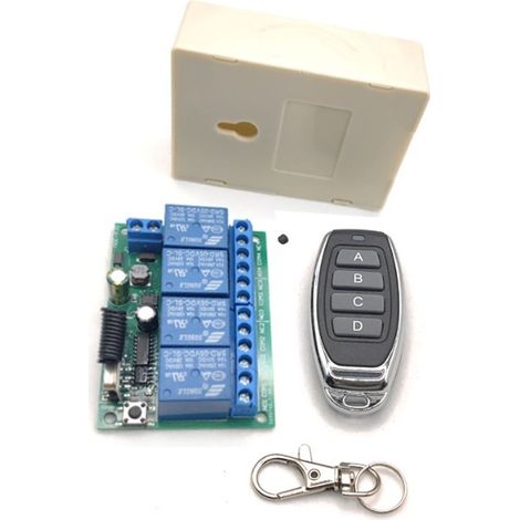 Commutateur de télécommande sans fil DC 12V 24V 4CH, récepteur de relais radiofréquence DC 6-30V 10A 4 canaux 433Mhz avec 2 émetteurs RF, pour lumières, porte de garage, moteur, auvent (1/4)