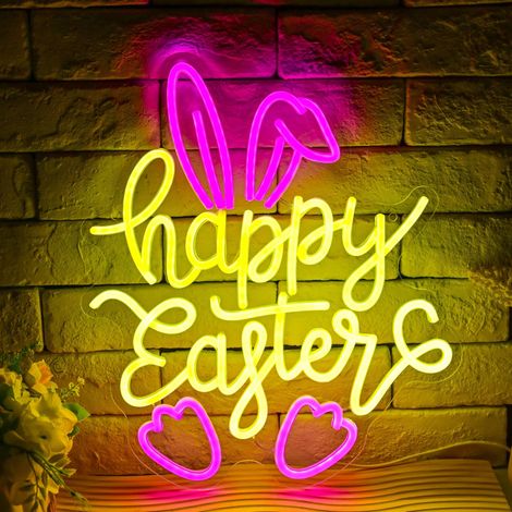 Enseignes néon « Joyeuses Pâques », néons lapin pour Pâques, LED à intensité variable Décoration murale de Pâques : Lapins lumineux néon (1/5)