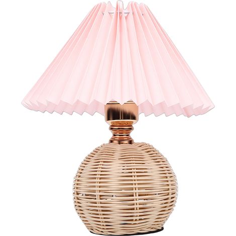 Plissee-Tischleuchte mit sanftem gelbem Licht, Leinenschirm, Rattanfuß, Nachttischlampe fürs Schlafzimmer, Roseate (1/5)