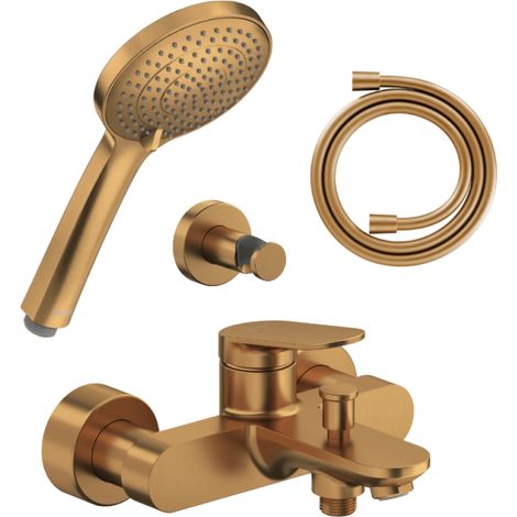 Pack mitigeur bain douche mécanique DURAVIT Wave + pommeau Universal 3 jets + flexible 160 cm + support bronze brossé (1/4)