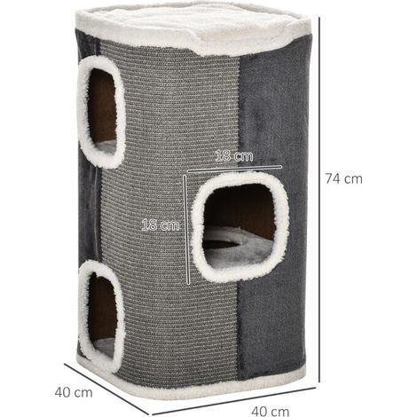 Griffoir tonneau chat 3 niveaux 74cm, coussin peluche, arbre à chat petit chat gris blanc (1/3)