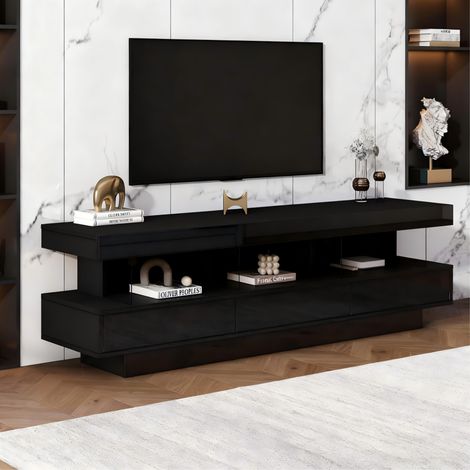 Meuble TV 160 x 38 x 50,5 cm avec LED, 3 étagères en verre, noir brillant HAVRYA (1/5)