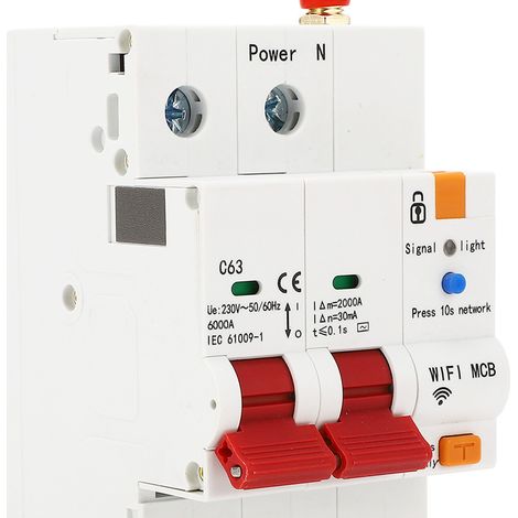 Disjoncteur différentiel intelligent 230 V AC 2P avec Wi-Fi, montage sur rail DIN, télécommande, protection contre les fuites de courant, interrupteur pneumatique 63 A