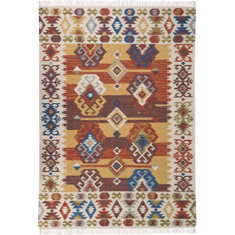 Alfombra kilim de lana naranja marrón azul 160 x 230 cm a mano patchwork borlas Vosketap (1/5)