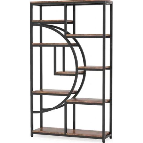 Étagère de présentation géométrique à 9 compartiments, structure métallique noire avec plateaux gris rustique (1/5)