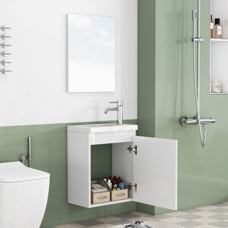Meuble vasque mural 40cm blanc brillant, lavabo céramique et miroir inclus, sans poignée, charnières amorties, gain place salle bain ou WC invités (1/5)