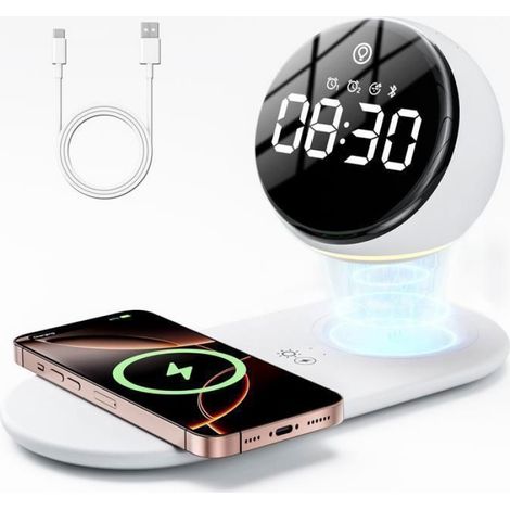 Enceinte Bluetooth - Bluetooth 5.3 - Réveil Numérique - Chargeur Sans Fil 15 W - Veilleuse Tactile - 210 x 95 x 90 mm - 1 Pièce