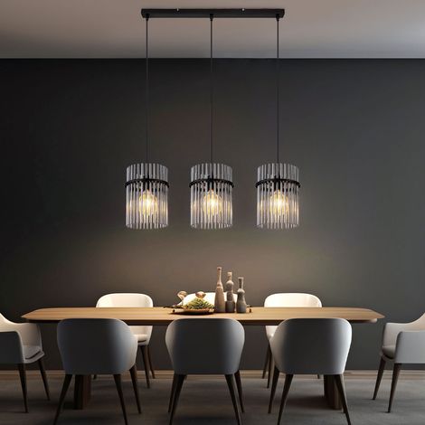 Globo – Lampe suspendue métal noir – Tiges de verre fumé – 3 ampoules E27 – Dimensions L 80 cm x l 20 cm x H 140 cm – Classe IP20 (1/5)