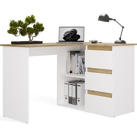 NICEA - Escritorio de esquina con almacenaje - 3 cajones + 2 estantes - 120x48,5x75 cm - Escritorio para ordenador - ROBLE ARTISAN / BLANCO (1/5)