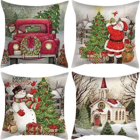 Housse de Coussin Noël 45 x 45,4PCS Lin de Coton Taie d'oreiller Noël Hiver Père Noël,Decoration Noel,Wapiti Bonhomme de Neige Modèle Christmas Pillow Covers pour Canapé-lit de Salon Voitures (1/5)