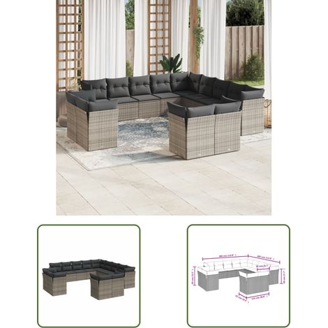 The Living Store Salon de jardin avec coussins 13 pcs gris résine tressée - Ensemble Salon De Jardin - Mobilier De Jardin - Salon Extérieur - Canapé Jardin - Résine Tressée (1/3)