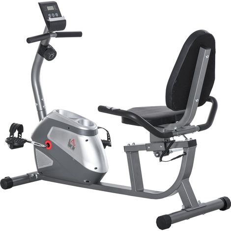 Vélo d’appartement semi-allongé gris, 8 résistances magnétiques, écran LCD cardio, selle réglable, dimensions 136 x 62,5 x 98 cm. (1/5)