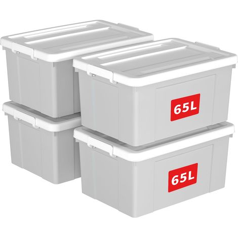 Boîte de Rangement, Bac de rangement avec Poignée, Plastique Organisateur avec Couvercle, Empilable, Transportable, pour Vêtements, Bureau, Chambre, Dortoirs, Gris, 65L - Lot de 4 (1/5)