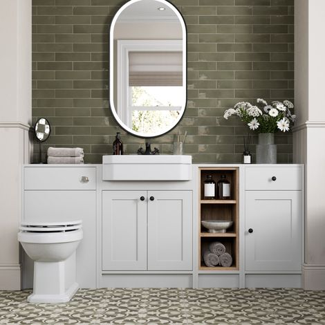 1820mm Bathroom Vanity Unit Toilet Semi-Recessed Basin Shelf Storage Freestanding Traditional Black Handles, White (1/5)