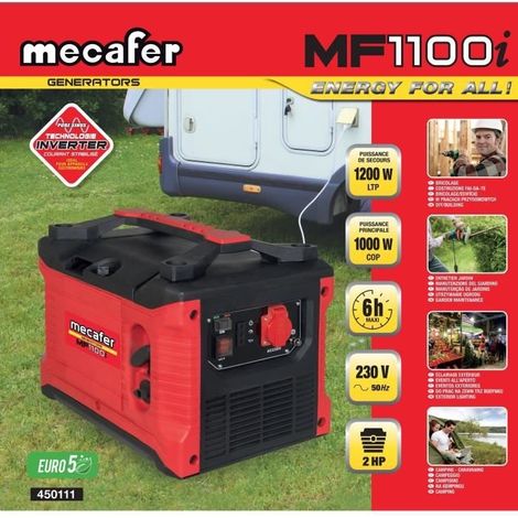 Grupo electrógeno inverter Mecafer MF1100i Pure Sinus 1000 W continuo 1200 W máx. 63 dB rojo
