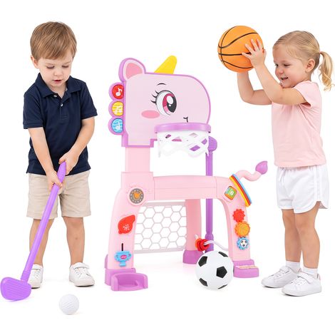 Panier de Basket Enfant 4 en 1 Design Dinosaure Dès 1 An But de Football et Jouet Montessori, Hauteur Réglable 62-70 cm, Mini-Golf, Jeu d'Anneaux (1/5)