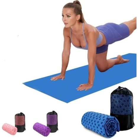 Serviette de yoga respirante et antidérapante, évacuant l'humidité. Tapis de yoga à séchage rapide en tissu respirant, bleu. (1/5)