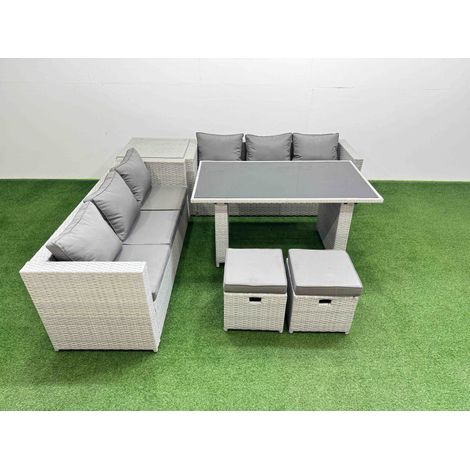 Fimous Rattan Garden Furniture Dining Set 8-seater Patio Rectangular Table Sofa Set with Side Table 2 Small Stools Light Grey (1/5)