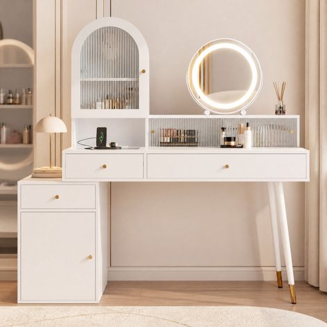 Coiffeuse modulable 140x40x140 cm en MDF et verre blanc, avec rangement pour chambre FloraGrace (1/5)