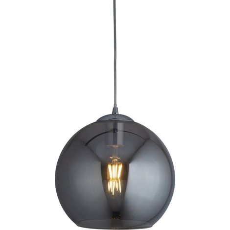 Hängeleuchte Metall Rauchglas D: 30 cm rund H: max. 120 cm Chrom Rauchgrau E27 Kugel Schirm Retro