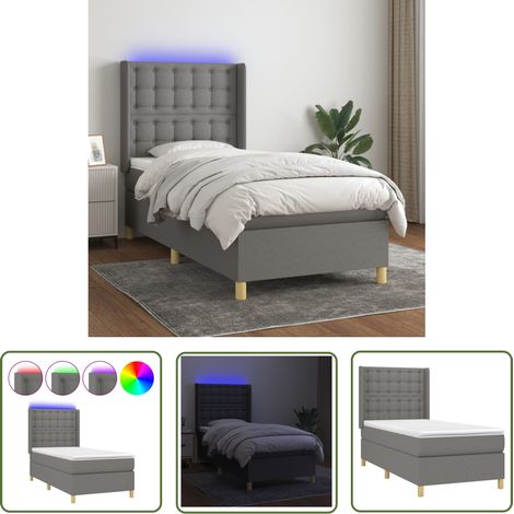The Living Store Sommier à lattes de lit matelas LED Gris foncé 90x200cm Tissu - Sommier Tapissier - Lit Plateforme - Lit Avec Rangement - Tête De Lit Ajustable - Éclairage Led (1/5)