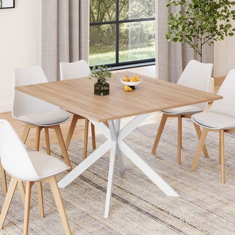ALIX mesa de comedor cuadrada para 8 con patas de madera y araña blanca 110 cm