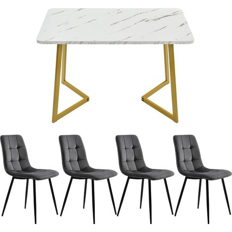 Set tavolo da pranzo rettangolare 117 cm con 4 sedie grigie in velluto, gambe oro, MDF MODENUIT (1/5)