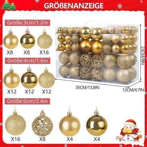 Lot de 100 boules de Noël dorées pour sapin de Noël, décorations scintillantes, opaques, brillantes, Ø 3, 4 et 6 cm (1/3)
