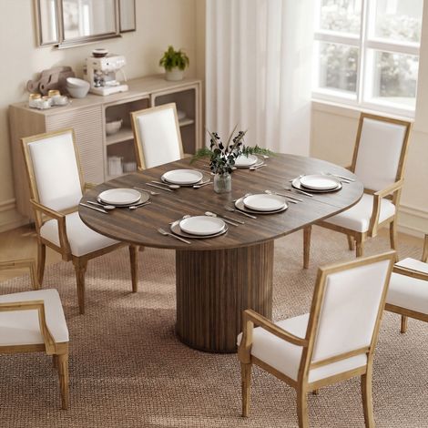 Table à Manger Extensible pour 6 à 8 Personnes, 110-150 cm, Table de Cuisine Ovale avec Piètement Central Rond, Noyer (1/5)