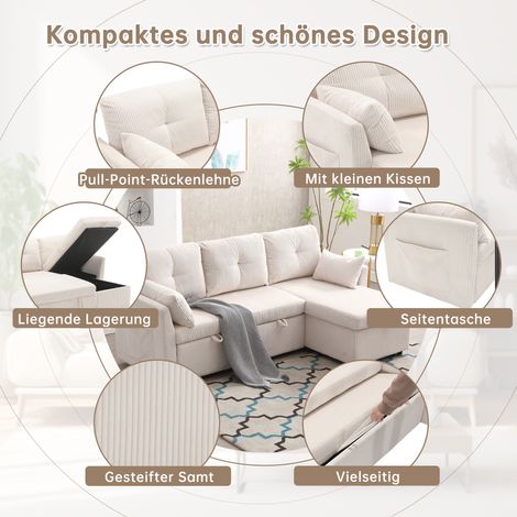 Canapé convertible multifonction avec rangement et lit escamotable, canapé d'angle modulaire en L, méridienne interchangeable, assises coffre pour salon (1/5)