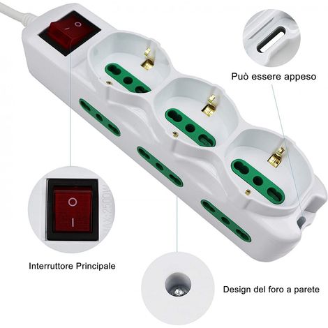 Multipresa Ciabatta Elettrica Cavo 5M Con 9 Posti 3 Prese Schuko 10/16A + 6 Prese Bipasso 2P+T 10/16A Interruttore (1/3)