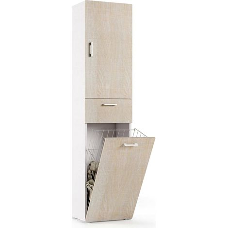 Dmora Armadio multiuso Escolzia, Mobile lavanderia lineare a 2 Ante, Colona da bagno con cestello portabiancheria, 100% Made in Italy, Cm 45x32h195, Rovere e Bianco, con imballo rinforzato (1/4)