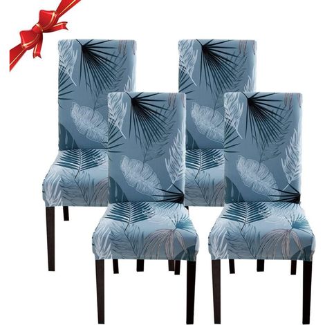 Housse de Chaise Salle à Manger Extensible 4 Pièces,Housse de Chaise Universelle Lavables,Couverture de Chaise,Feuilles Bleues (1/5)