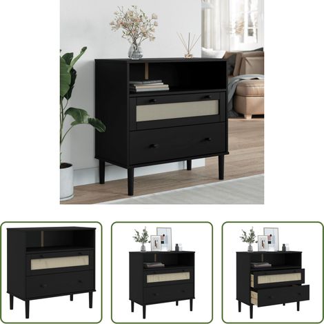 Holzschrank -  Sideboard SENJA Rattan-Optik Schwarz 80x40x80 cm Kiefernholz (1/5)