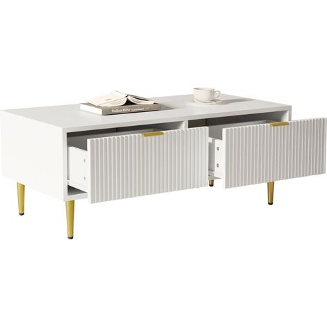 Table basse blanche avec 2 tiroirs, finitions dorées, design à rayures verticales, 100 x 50 x 40 cm, en MDF, pour salon moderne et rangement discret - CHICFURN (1/5)