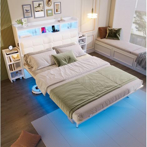 Lit double 140x190 cm, LED, station de charge USB et USB C, 2 tables de chevet, métal, blanc (1/4)