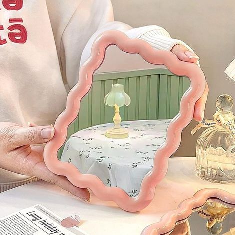 Miroir de maquillage en forme de vague pour table et bureau, portable, pliable, joli miroir de maquillage de voyage à suspendre debout, décoration de la maison (rose) (1/5)
