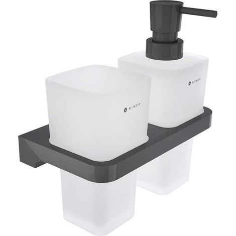Nimco Maya - Dispensador de jabón y vaso con soporte, cristal esmerilado/negro MAC 2905831H-T-90 (1/2)