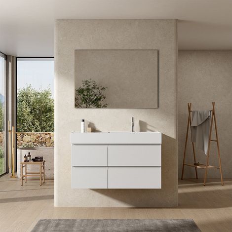 Mobile bagno sospeso 100 cm Bianco Lavabo a Destra in Resina Specchio Quadro - Fiji Wood (1/4)