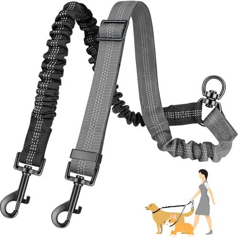 double laisse pour chiens, pivot 360° sans enchevêtrement, sangle réfléchissante réglable avec séparateur, idéale pour entraînement de deux chiens (1/5)