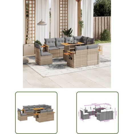 The Living Store 9-tlg. Garten-Sofagarnitur mit Kissen Beige Poly Rattan - Gartenmöbel - Esszimmerset - Lounge Set - Outdoor Möbel - Rattan Gartenmöbel