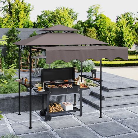 Pavillon de jardin avec barbecue 242 x 232 x 248 cm. hydrofuge et ignifugé. à double toiture. couleur café.
