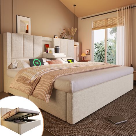 lit coffre 180x200 avec chargeur USB en lin beige HAVRYA (1/5)