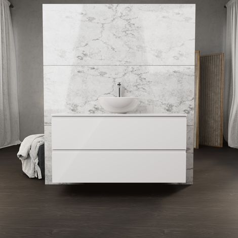 Inda - Badezimmerschrank B.120 mit Aufsatzwaschbecken / Hochglanzweiß 2 Schubladen - Rubin