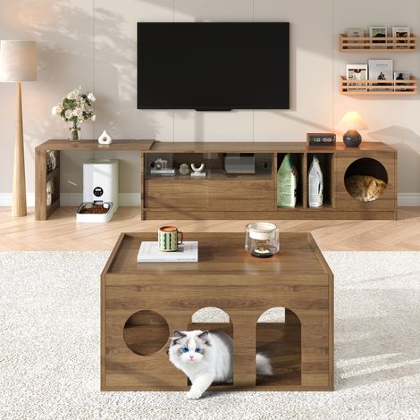Mobile TV con 2 Ante in Vetro Temperato, Estensibile e Girevole, Spazio per Gatto, Soggiorno, in MDF, 180×40×50 cm (1/5)
