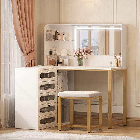 BLANKETSWARM - Coiffeuse blanche avec miroir LED et tabouret - 120x80x135 cm - 5 tiroirs - 5 Compartiments de Rangement - Coiffeuse en L - Style Moderne - Blanc