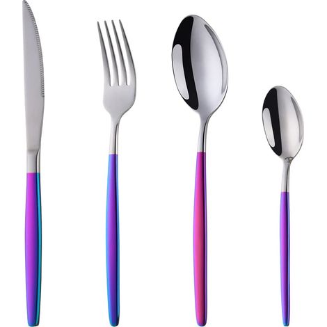 Lot de 16 couverts dorés et noirs, pour la maison, la cuisine, le restaurant, les fourchettes, les cuillères, les cuillères à café, les couteaux à steak (4, arc-en-ciel argenté) (1/5)