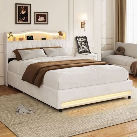 Lit double 140x200 - sommier à lattes - 4 tiroirs, tête de lit USB-A et 2 USB-C, LED RGB -velours beige capitonnée (1/5)