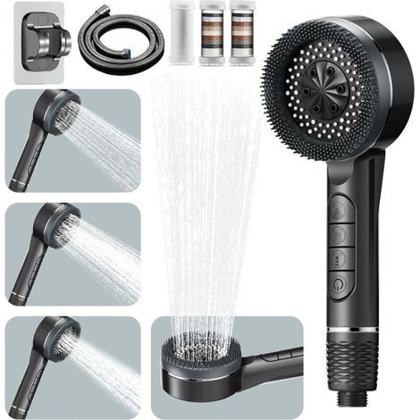 Doccia ad alta pressione, 4 tipi di getti con pulsante di arresto dell'acqua, doccino anticalcare con tubo doccia da 1,5 m e supporto, risparmio idrico, grigio (grigio scuro) (1/5)